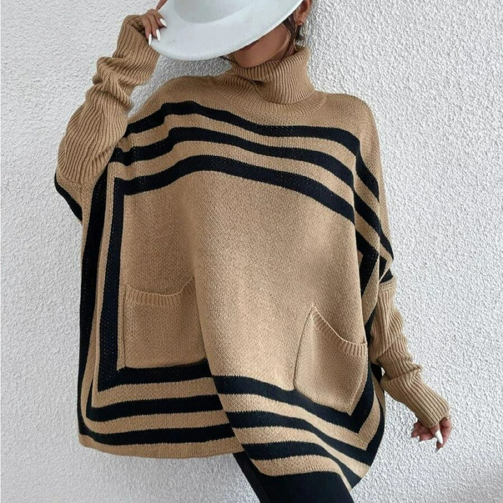 Zara Knitted High Neck Striped Batwing Sleeve Cape Sweater Coat